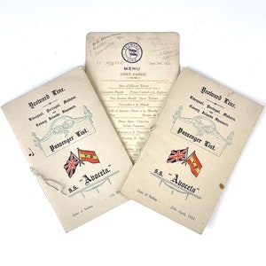 Grupa żeglarska, Karty listy pasażerów, Podpisane menu kolacji, Art Deco, SS Avoceta, linia Yeoward, Tłoczone fronty, Historyczne pamiątki, Morskie