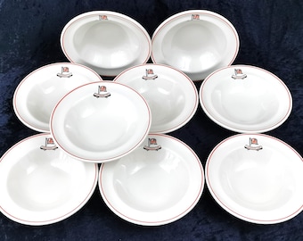 SET of Bowls, Nine Bowls, Place Settings, Harrison Line, Nautical Tableware, Shipping Company, On Board Ceramics, Red and White, Flagged