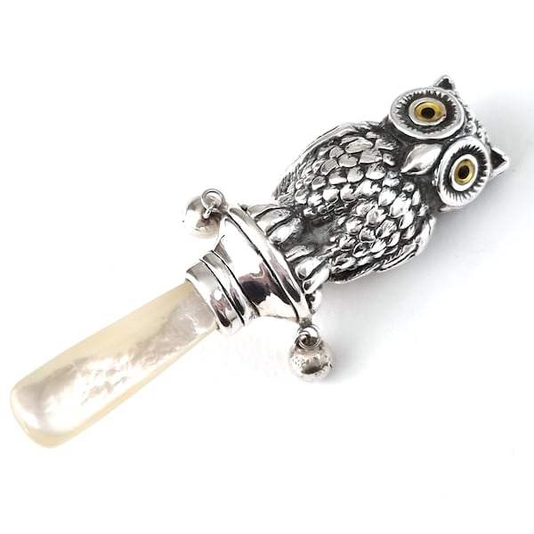 Modern Silverware, Baby's Rattle, Novelty Sterling, Owl Shape, Mother of Pearl, Paste Eyes, 3 1/2 Inches Length, Hollow Silver, Decorative