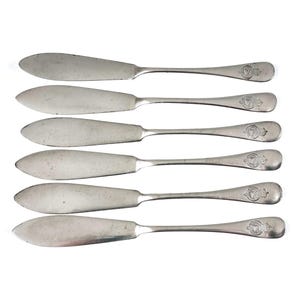 WORN Areas, Matched Set, Fish Cutlery Knives, Elkington Silver Plate, Nautical Flatware, Royal Mail Steam Packet, Maritime Badge, Antique