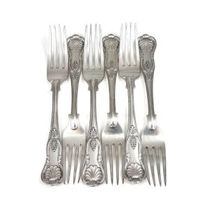 SLITADE TINDBAKAR, Set om sex, Antika gafflar, Silverplätering, 8 1/8 tum lång, Kingsmönster, Harwood Birmingham, Viktorianskt bestick, Dekor