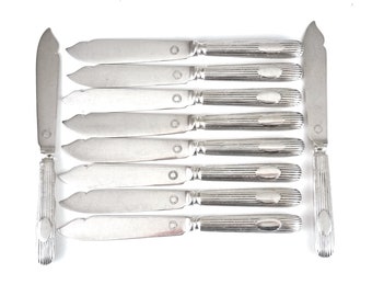 Set of Ten, Vintage Cutlery Knives, Fish Knives, Silver Plate, W Ferguson, Rathmines Dublin, Irish Flatware, Vacant Cartouche, 9 Inches