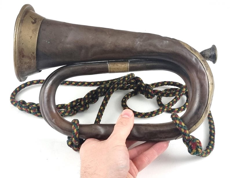 String Handle On Bugle VERY DENTED, Antique Bugle, Military Style, With Cord, Henry Keat ...