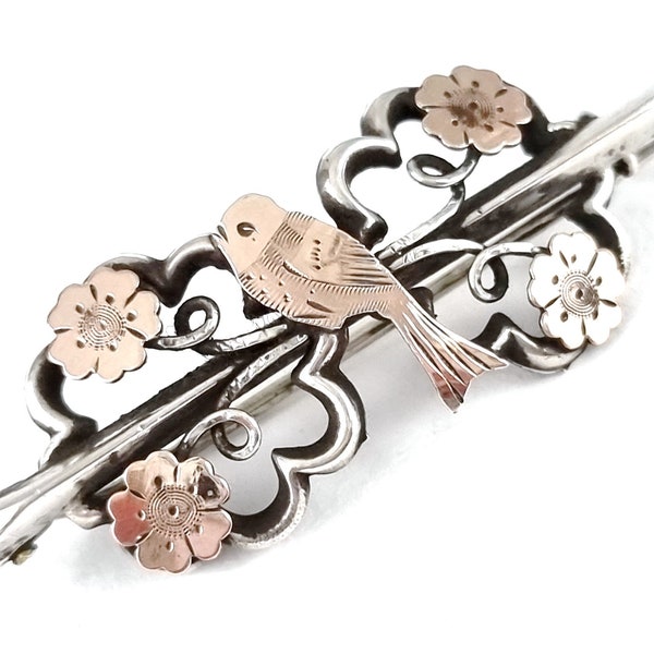 Small Antique Brooch, Silver Bar Brooch, Rose Gold Overlay, Bird and Floral, Chester Silver, Ward Brothers, Edwardian Fashion, Bird Brooch