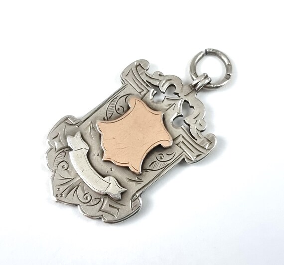 Silver Fob Medal, Double Sided, Sterling Pendant, Etched Detailing, Antique Jewelry, 43mm Drop, Two Faced Fob, Watch Chain Accessory, 1900
