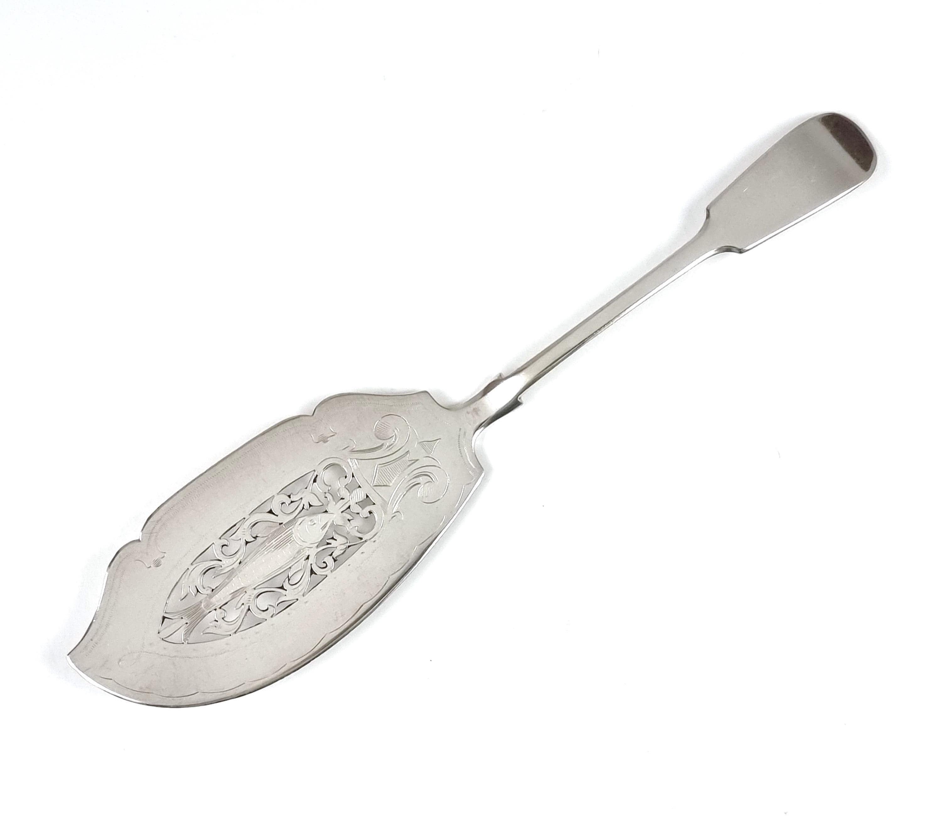 Antique Fish Slice, Silver Plate, WORN Edging, Engraved Fish, 11 Inches Length, Old English Fiddle, Victorian Flatware, Serving Cutlery
