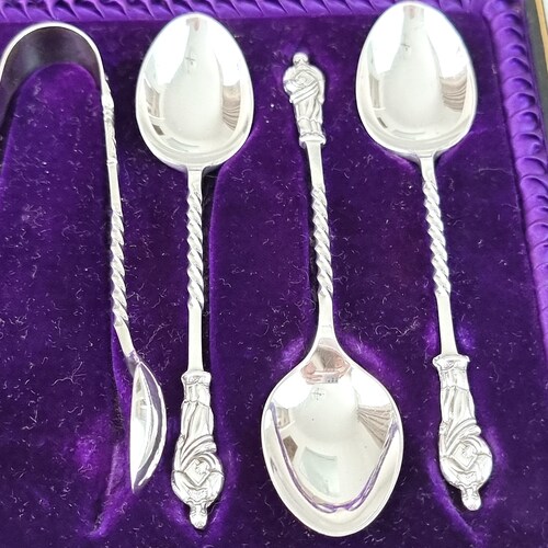 Beautiful shops Antique Silverware, Cased Spoons and Tongs, Set of Six, Coffee Spoons, Apostle Handles, Sugar Tongs, James Dixon, Sterling Silver