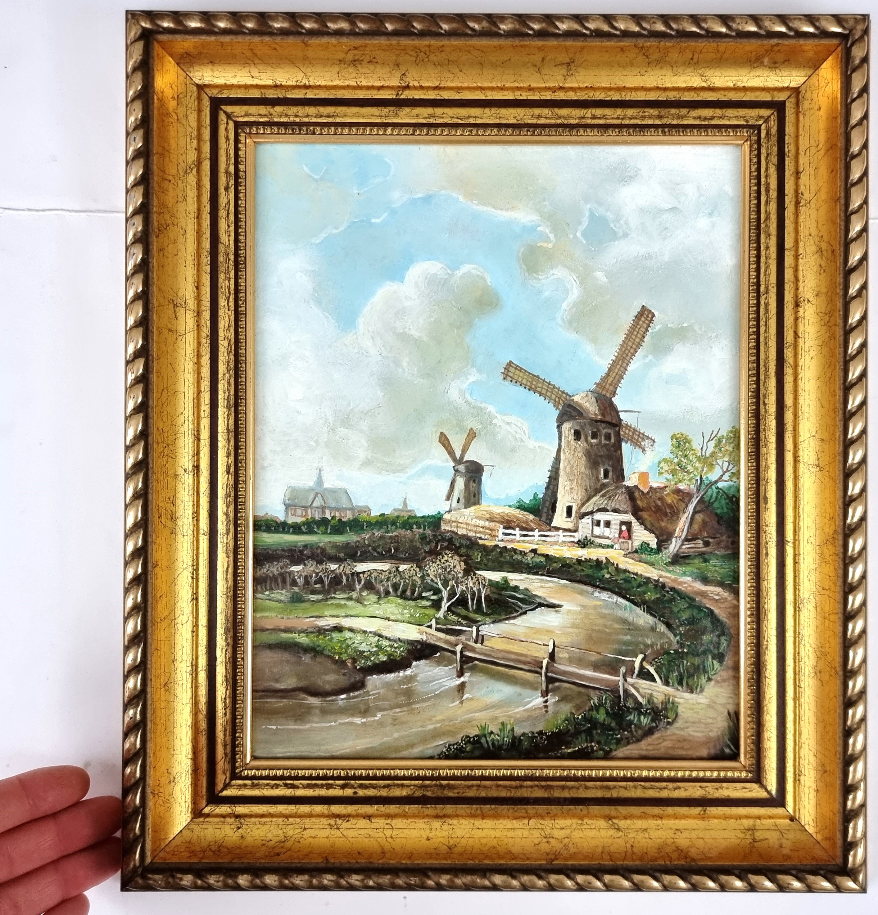 現代絵画、油彩画、額入り絵画、風車絵画、過ぎ去った時代、壁掛け