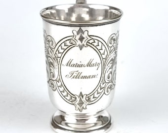 Small Christening Cup, Worn Silver Plate, Child's Cup, Floral Scrolls, Maria Mary Tillman, Family Heirloom, Edwardian Home, Charming Size