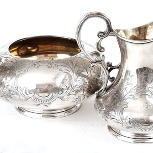 Two Dents, Mid 19th Century, Sugar Bowl and Creamer, Elkington Silver Plate, Floral Scrolls, Floral Tableware, Victorian Additions, Unique