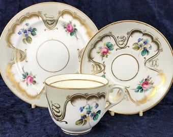 Antique Collectible Trio, Cup Saucer Plate, Rockingham Trio, Floral Pattern, Early Victorian, Afternoon Tea, Cabinet Set, Floral Trio, Old