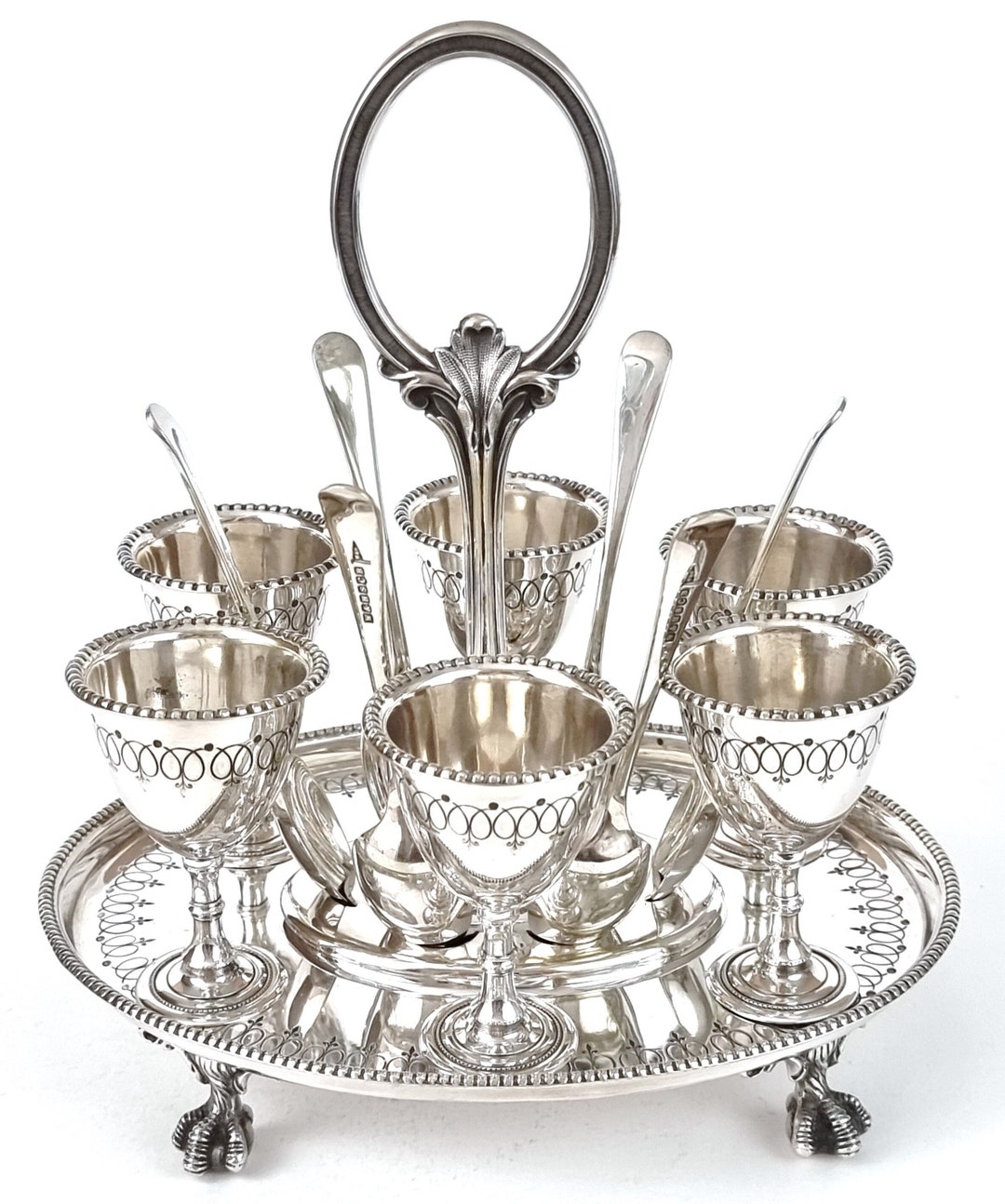 Beautiful Antique, Egg Cruet Set, Six Egg Cups, Silver Plate, Roberts & Belk, Bead Pattern