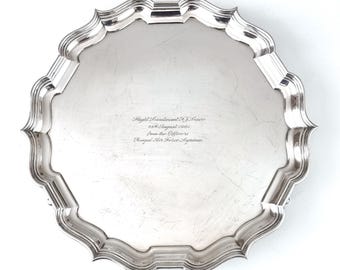 Very Scratched, Vintage Presentation Tray, Footed Salver, 12 3/4 Inches Diameter, Silver Plate, Lyneham Air Force, 1961, Flight Lieutenant