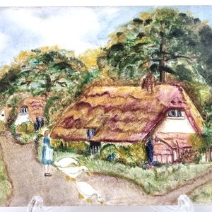 May include: A watercolour painting depicting a thatched cottage with a girl and geese walking on a path in front of it. The cottage is surrounded by trees and bushes. The sky is blue with white clouds.