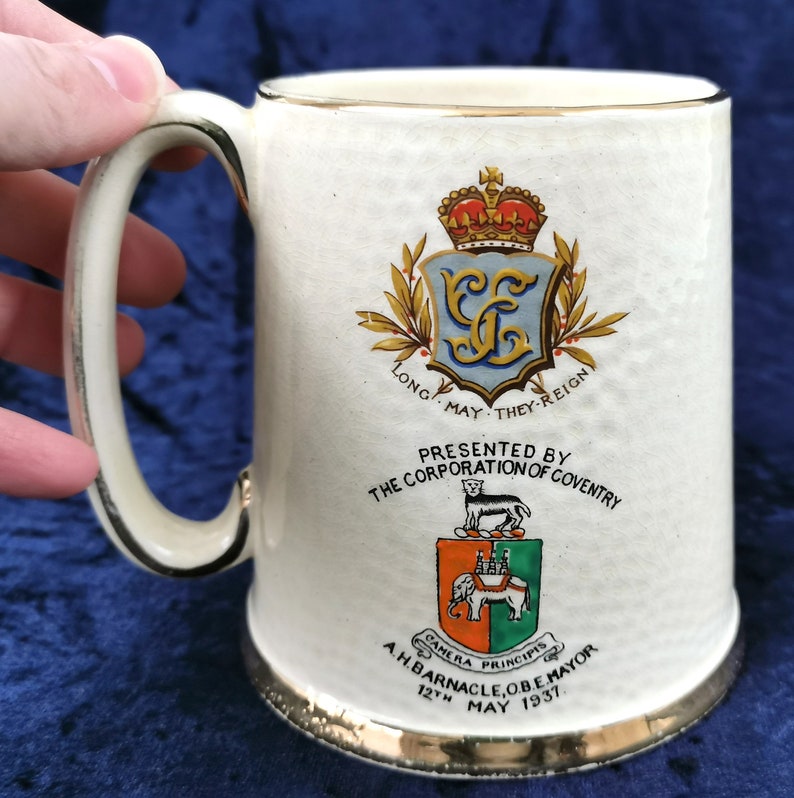 Presentation Commemorative Planished Effect Rare Commemorative Art Deco Coventry Crest Pint Tankard 1937 Coronation King George VI