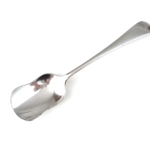 May include: A silver ice cream scoop with a curved handle and a rounded bowl.