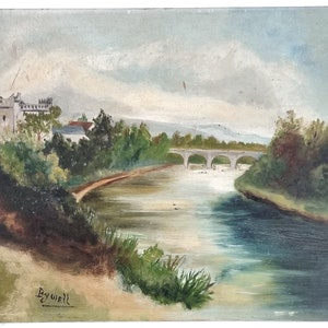 Antique Oil Painting, Bywell Castle and Viaduct, Northumberland View, Traditional Painting, Wall Decor, Home Decor, Unframed Painting, 1923