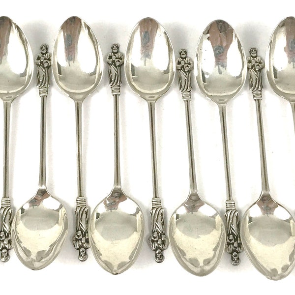 FREE POST - Rare Set of Antique Silver Spoons, Twelve Coffee Spoons, Apostle Handles, A J Bailey, Edwardian Silver, Afternoon Tea, Twelve