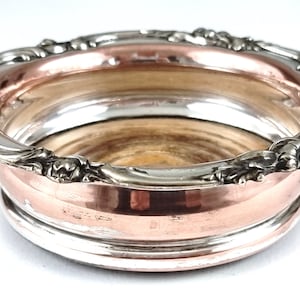 Distressed Look, Antique Bottle Coaster, Bottle Stand, Worn Silver on Copper, Floral Edge, Wooden Base, Table Decoration, Unique Barware