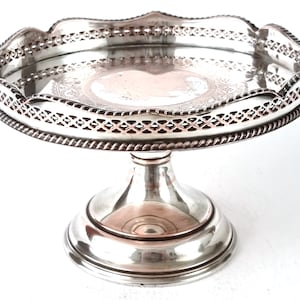 Worn Silver on Copper, Vintage Cake Stand, Circular Dish, Pierced Gallery, Table Center, Afternoon Tea, 6 3/4 Inches Inner, Decorative Stand