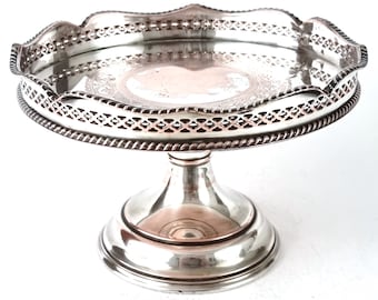 Worn Silver on Copper, Vintage Cake Stand, Circular Dish, Pierced Gallery, Table Center, Afternoon Tea, 6 3/4 Inches Inner, Decorative Stand