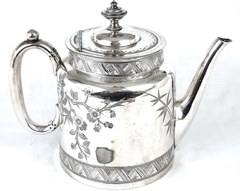 Victorian Antique, Antique Teapot, Aesthetic Movement, Silver Plate, Walker and Hall, Blossom Pattern, Floral Teapot, Decorative Chic, Rare