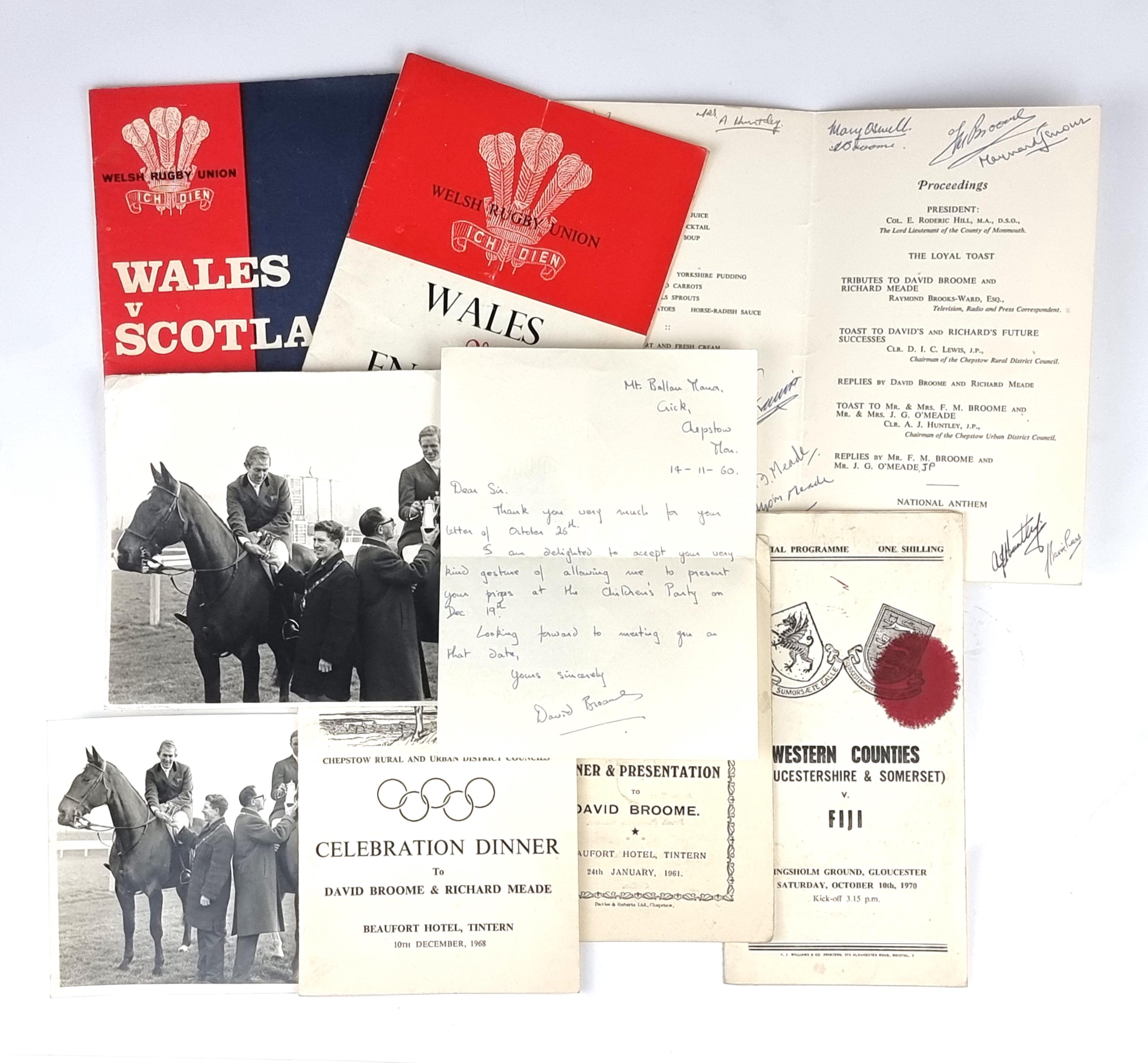 Sporting Job Lot, Welsh Rugby Programmes, Cricket Programme, David Broome Autograph, Dinner Menu, Show Jumping, Press Photos, Dinner Menus
