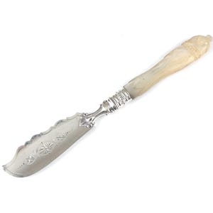 Antique Silverware, Silver Butter Knife, Mother of Pearl, Carved Handle, Etched Patterns, Martin Hall, Victorian Sterling, Sterling Flatware