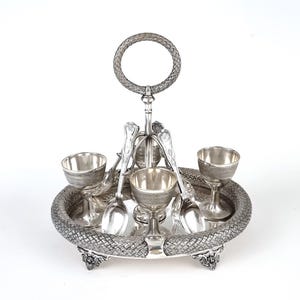 Matched Tableware, Antique Egg Cruet, Four Egg Cup Set, Stand and Spoons, Silver Plate, Engraved Initials, Weave Pattern, Striking Item