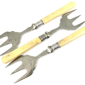 Set of Forks, Meat Forks, Serving Forks, Silver Plate, Bone Handles, J G Graves, Bright Cut, Floral Sprays, Trio of, Job Lot, Sheffield Set