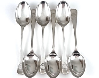 Matched Set, Six Dessert Spoons, 7 Inches, Silver Plate, Elder Dempster, Shipping Company, Walker & Hall, Art Deco, Ocean Liner, Nautical