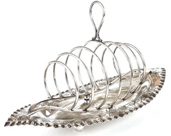 Worn Silver Plate, Antique Toast Rack, Rack with Crumb Tray, Gondola Style, Floral Edge, Six Slots, Table Center, Distressed Look, Chic
