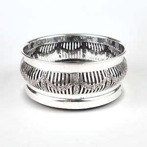 WORN Areas, Vintage Bottle Coaster, Silver on Copper, Wooden Base, Floral Garlands, Pierced Tableware, Distressed Look, 4 3/4 Inches Inner