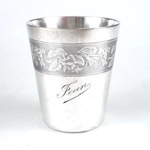 WORN Inside, Antique Child&#39;s Beaker, Christening Cup, Engraved Jean, Boulenger Paris, Floral Band, Family Heirloom, Small Tumbler, European
