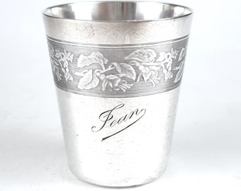 WORN Inside, Antique Child's Beaker, Christening Cup, Engraved Jean, Boulenger Paris, Floral Band, Family Heirloom, Small Tumbler, European