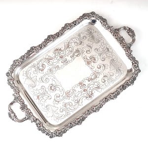 LARGE Antique Tray, 23 Inches Length, Silver on Copper, WORN Areas, Old Sheffield Plate, Handled Tray, Floral Tableware, Statement Piece