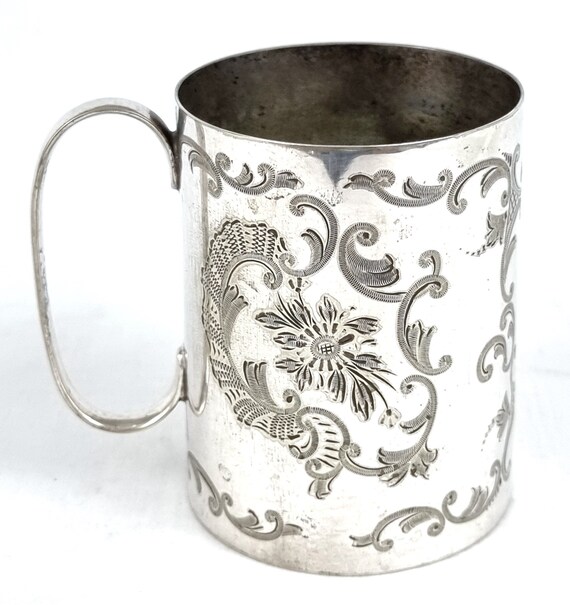 Antique Christening Cup Silver Plate Bright Cut C Scrolls Etsy