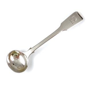 Antique Cruet Spoon, Georgian Silverware, Crested Handle, 4 3/8 Inches Length, Silver Salt Spoon, 19th Century, Bird of Prey Crest, Fiddle