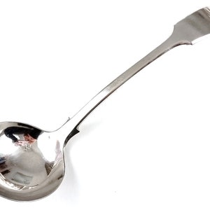 Traditionele antieke pollepel, saus pollepel, jus polle, zilveren bord, oude Engels, viool patroon, B initiaal, Victoriaanse toevoeging, servies