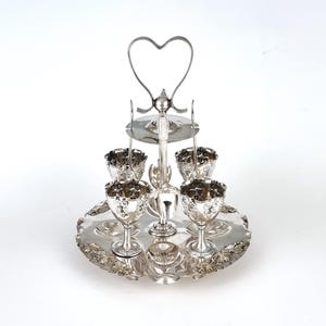 WORN Areas, Antique Egg Cruet, Four Egg Cup Set, Silver Plate, Floral Tableware, Embossed Flowers, Heart Handle, Table Feature, Stand Spoons