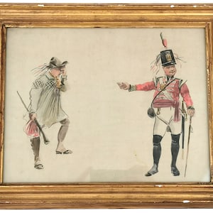 Pintura histórica, Acuarela antigua, Sargento de reclutamiento, Chelín del rey, Regimiento de la frontera, Principios del siglo 19, Historia militar, Enmarcado
