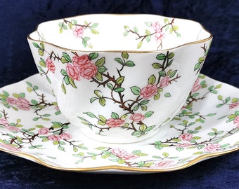 Striking Antique Set, Cache Bowl and Stand, Bowl and Plate, Coalport China, Pink Rose, Rose Pattern, Lozenge Mark, Table Centerpiece, Rare