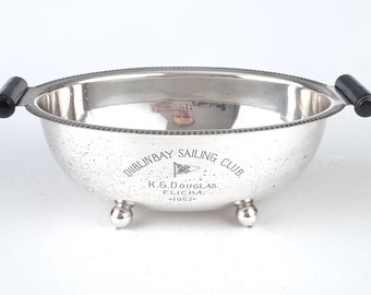 Pitted & Worn, Vintage Presentation Bowl, Dublin Bay Sailing Club, Flicka Prize, Oval Dish, Silver Plate, Ball Feet, Bead Pattern, Trophy