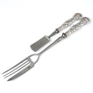 WORN Steel Ends, LARGE Cake Fork, 12 1/4 Inches Length, Silver Plated Handles, Smaller Cheese Lifter, Floral Flatware, Unusual Utensils