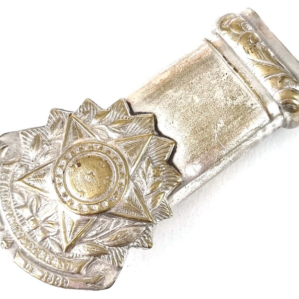 Antiquité historique, plaque d’argent usée, 15 novembre 1889, États-Unis du Brésil, Regalia antique, Accessoire miniature, Amérique du Sud