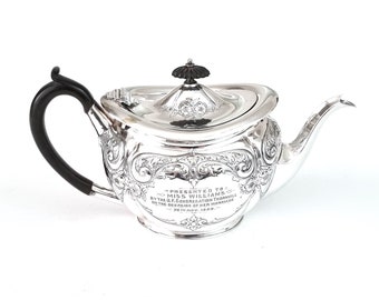 Presentation Teapot, Antique Teapot, Silver Plate, Floral Tableware, Thornhill Interest, Marriage Gift, Black Handle, Charles Nixon, Scrolls