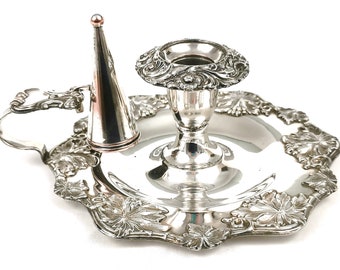 Striking Antique, Silver Plate, Old Sheffield Plate, Antique Chamberstick, Candle Holder, Candle Snuffer, Grape and Vine Leaves, Handled