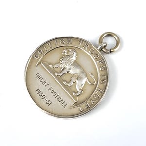 Historical Fob Medal, WORN Silver Gilt, British Troops in Egypt, Rugby Football, Winners Army Egypt, 32mm Diameter, Regimental Sports, 1950s