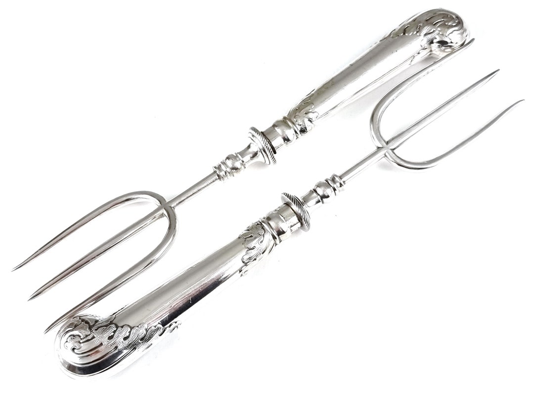 Pair of Antique Forks, Serving Forks, Silver Plate, Acanthus Leaves