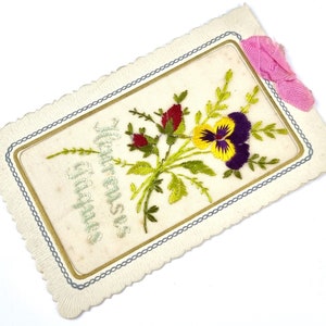 Erster Weltkrieg, Seidenkarte, Französische Ephemera, Große Kriegskarte, Heureuse Pâques, Frohe Ostern, Bunte Blumen, WWI Karte, Historische Antike